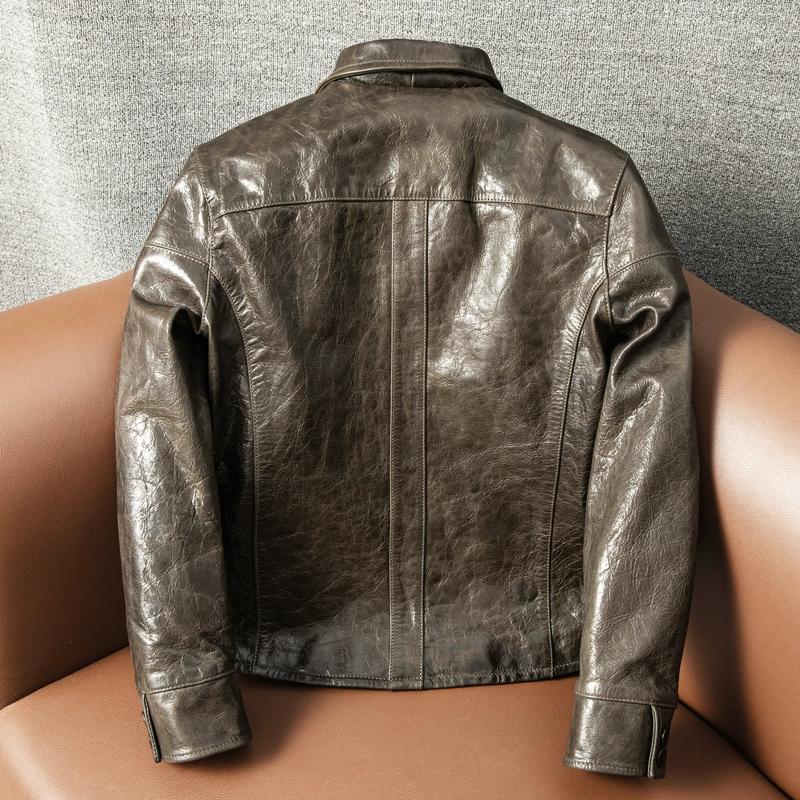 Vintage Japanese Style Full Vegetable Tanned Goatskin Leather Jacket Heavy Washed for Men
