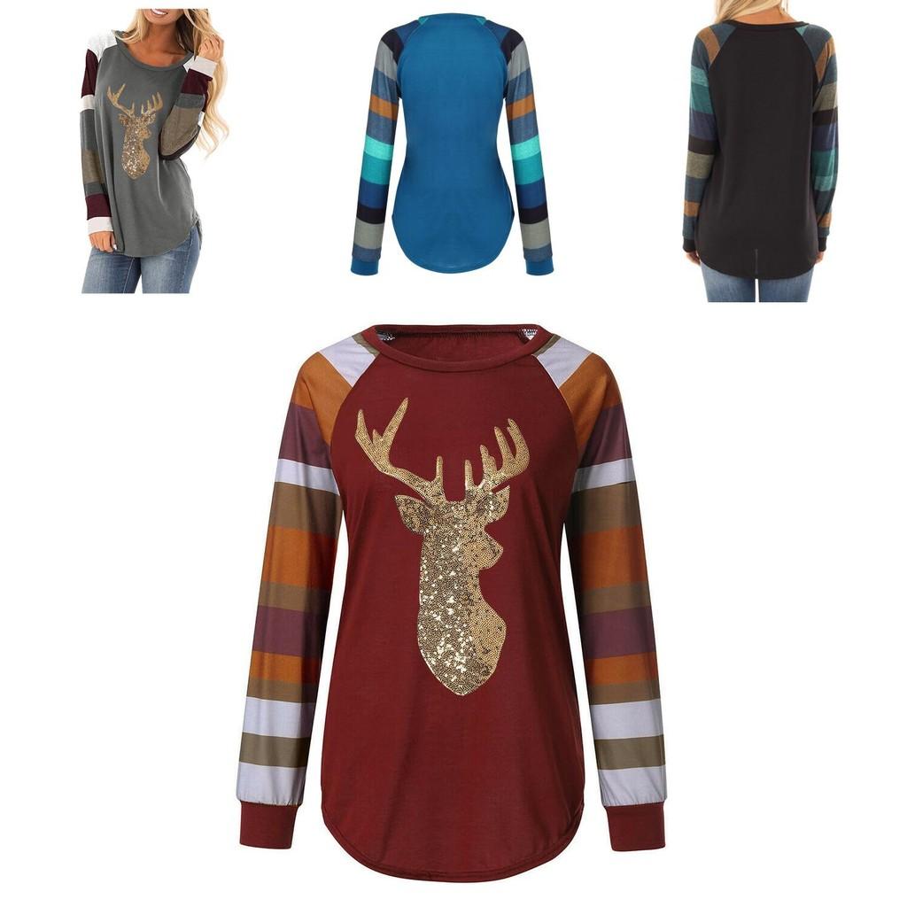 Festive Womens Christmas Tops With Sparkling Sequin Reindeer Long Sleeve Design