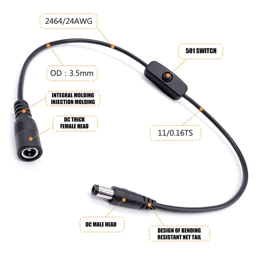 1.5M DC5521 Female To Male Power Cord With Toggle Switches For Various 12V Electronics And Home Appliances