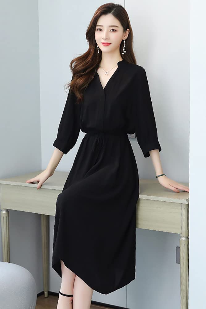 Chubikime Loose Casual Women's Dress, Spring/Summer, 3/4 Sleeve, V-Neck, Long, Midi, A-Line, Black, Slimming, Fit, Formal, Commuting,