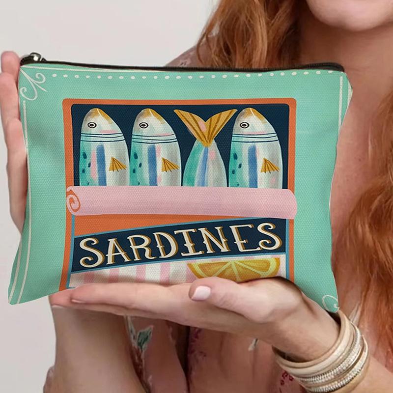 Vintage Canvas Cosmetic Bag Simple Large Capacity Makeup Bag Female Travel Clutch Toiletry Bag Retro Sardines Olive Oil Design