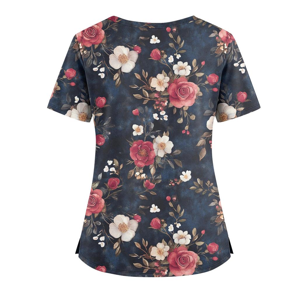 Women's Loose Short Sleeved Fashionable Flowers And Plants Printing V-neck Buttonable Side Slit Top T-shirt