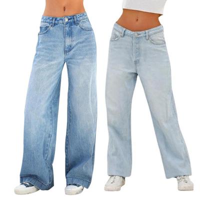 Pantalones vaqueros para mujer, de pierna ancha, con degradado, cierre de botones y cremallera, cintura con bolsillos, color retro, holgados, desteñidos