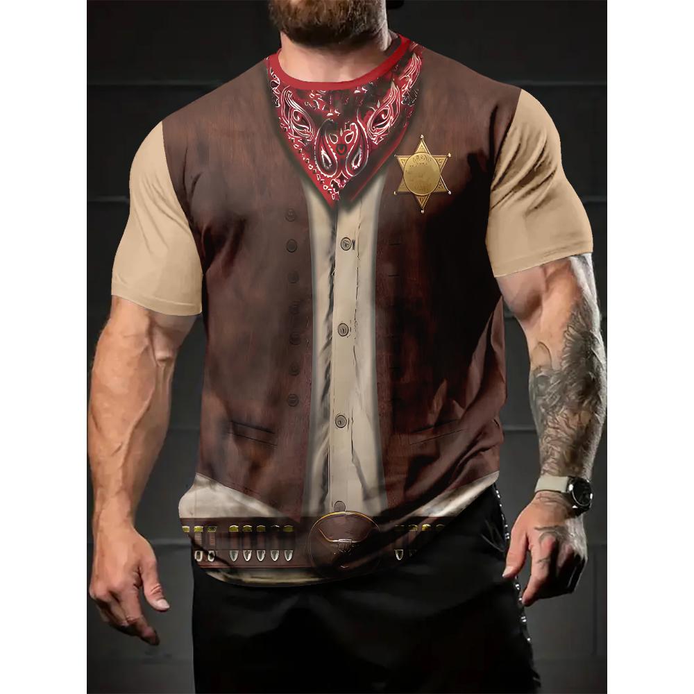 Western Sheriff Fake Two Piece Printed T-Shirt Men's Retro Denim Style Casual Short Sleeve Top