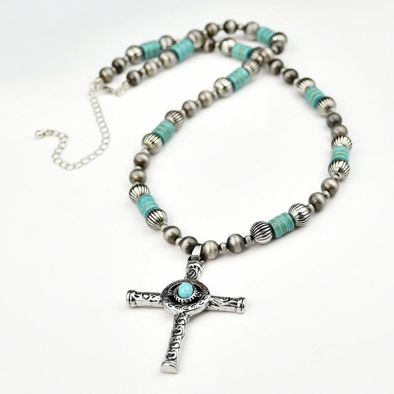 GemChic Women's New Vintage Turquoise Beads Alloy Cross Pendant Necklace Ethnic Chain Fashion Birthday Christmas Jewelry Gift