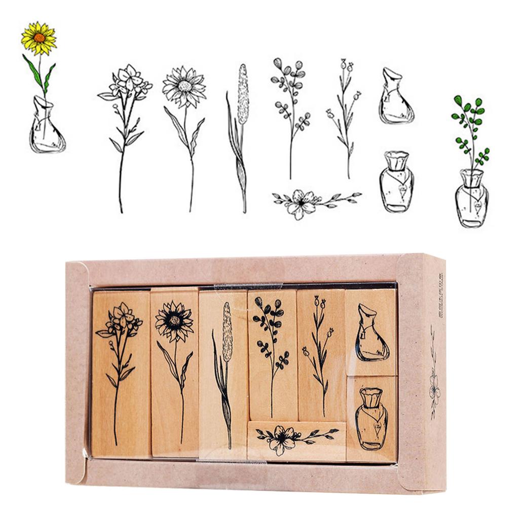 8 Pieces Vintage Decorative Wooden Rubber Stamp Plant Wooden Rubber Stamps for Scrapbooking Dairy Gift Wrap Card Making