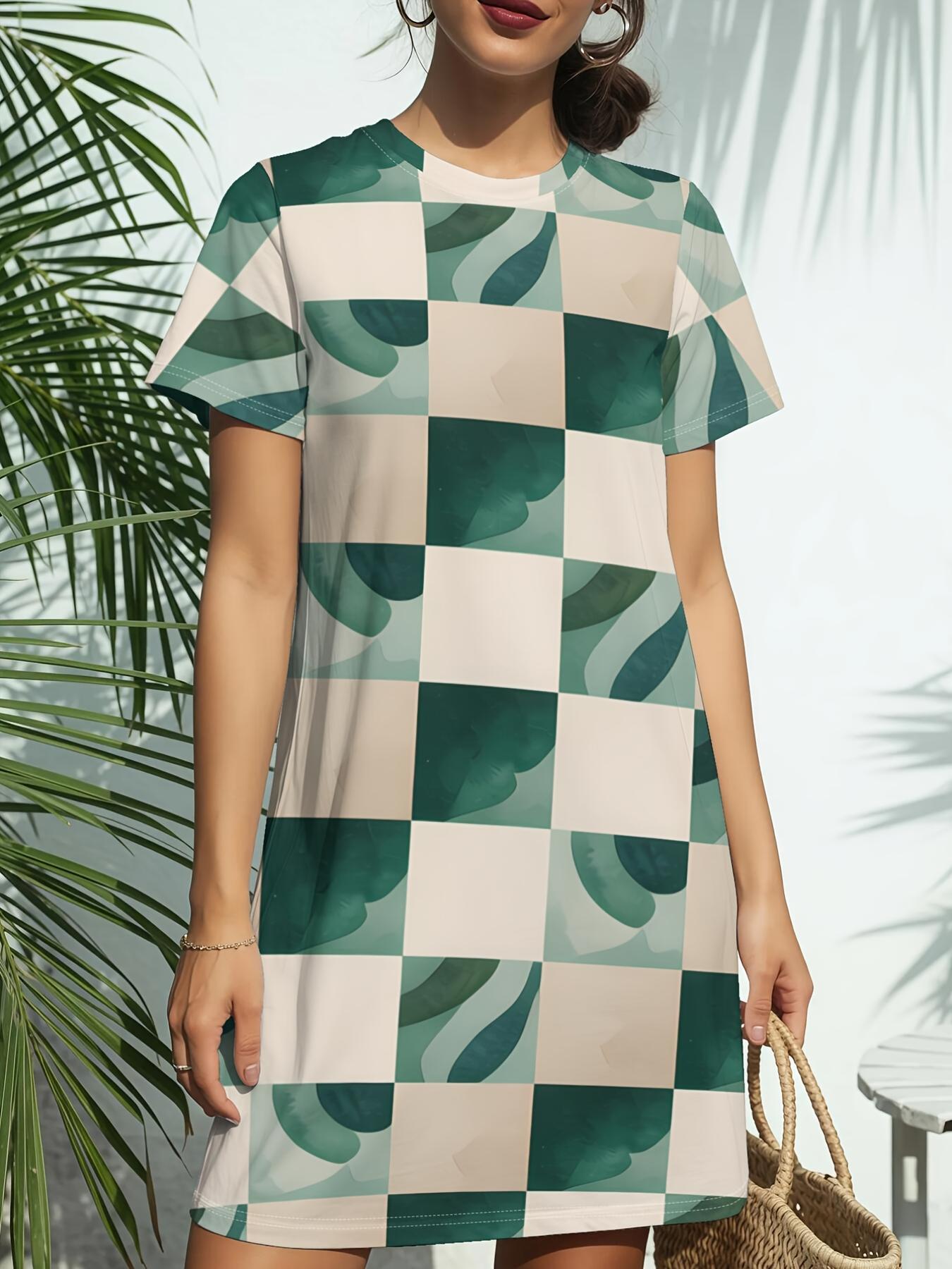 

New Women S Round Neck Short-Sleeve T-Shirt Dress in Green Checkerboard. Features a Trendy American Digital Print. Ideal for a Casual And Versatile Lo 9XL дубильна кора