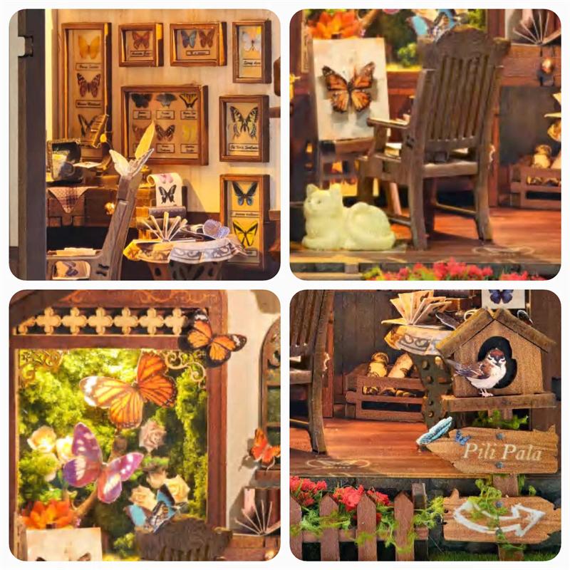Mini DIY Wooden Book Nook Figurines Miniature Kits Butterfly House Bookshelf Home Bookend Decoration For Adult Handmade Gift