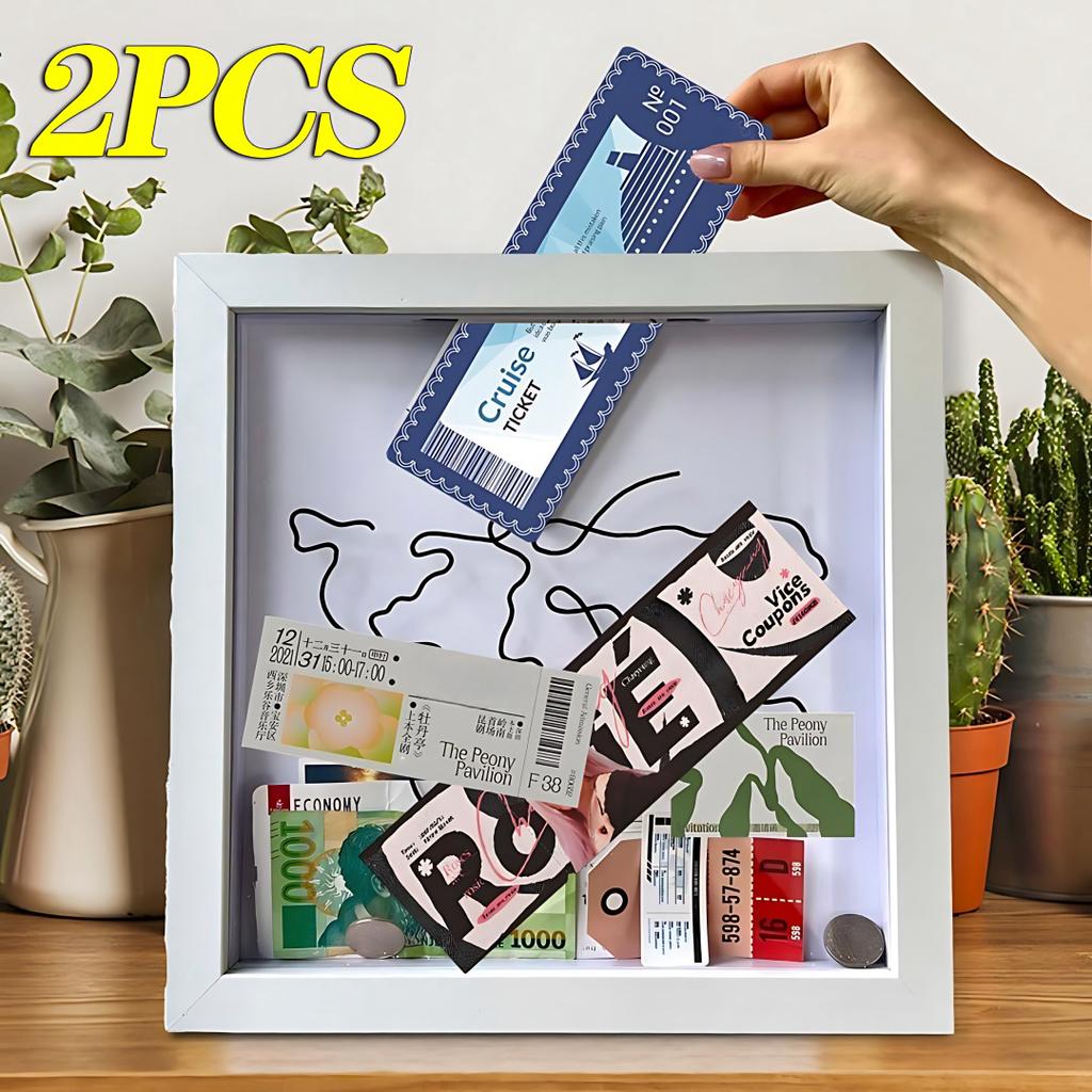 2PCS Adventure Archive Boxes Map Box Photo Frame Hanging Travelling Memorial Box Ticket Stamp Shadow Box Photo Frame Memory Box