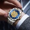 BINBOND Men's Automatic Mechanical Watch Skeleton Hollow Blue Dial Diamond Stainless Steel Waterproof Luxury Business Wristwatch