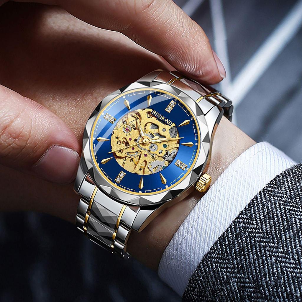 BINBOND Men's Automatic Mechanical Watch Skeleton Hollow Blue Dial Diamond Stainless Steel Waterproof Luxury Business Wristwatch