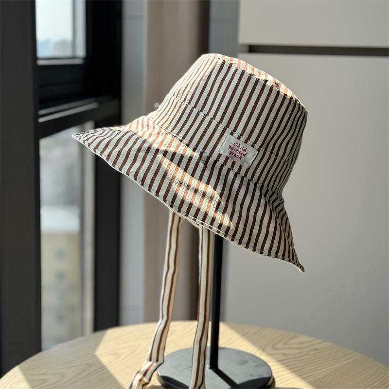 New Korean-style Striped Lace-up Fisherman Hat for Women, Summer Large Brim, UV Protection, Double-sided, Versatile Hiking Hat