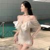 1011 new girls hollow one-piece swimsuit women's small breast steel support gathers conservative to cover the meat and look thin hot spring swimsuit