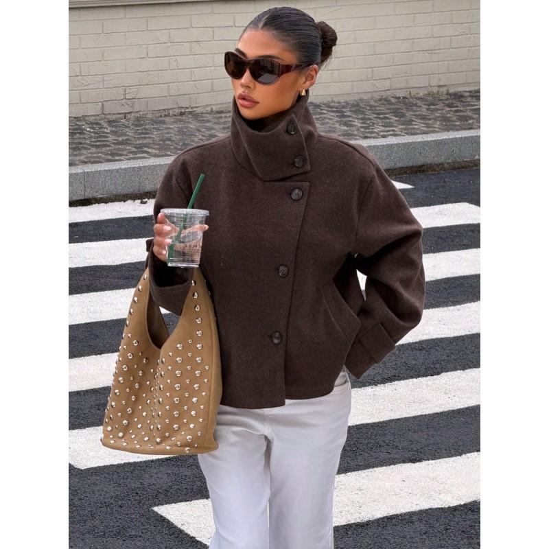 Damen Vintage Stehkragen Jacke Freizeit Unifarben Oberbekleidung Herbst Winter Kleine Frauen