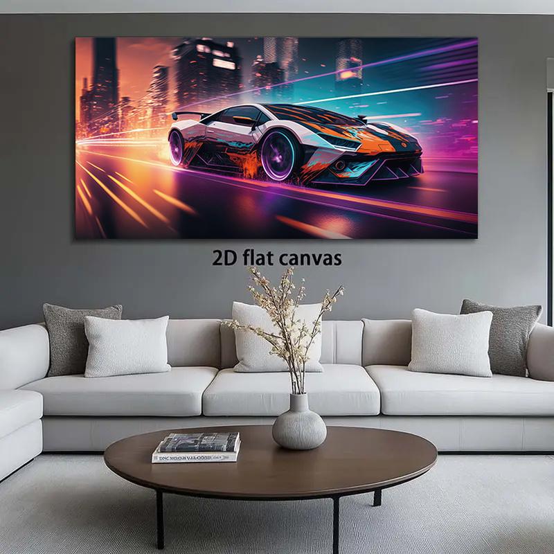 1 piece of cyberpunk style sports car, city night view canvas painting, modern living room decoration painting, high-definition