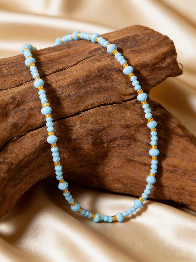 Fashion Boho Blue Rice Bead Beads Necklace for Women, Stainless Steel Beaded Collar Necklace, Summer Jewelry Accessories Gifts