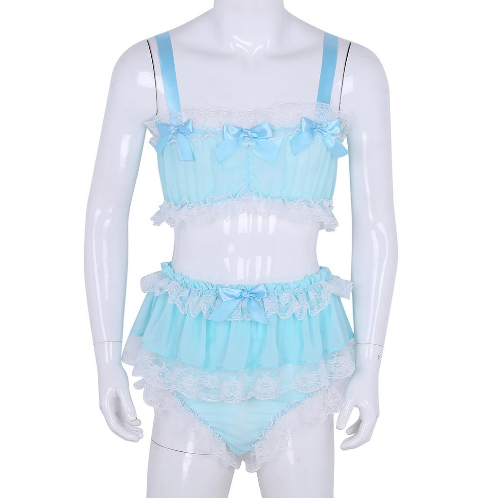 2Pcs Mens Ruffled Lace Sheer Chiffon Sissy Lingerie Set Bra Top with Skirted Petticoated Panties