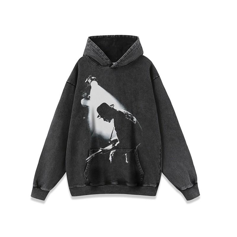 Unisex Oversized Hooded Sweatshirt With Vintage Streetwear Print Heavyweight Washed Cotton Drop Shoulder Long Sleeve