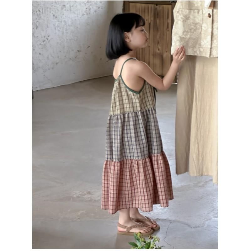 Sommerkleider für Mädchen mit Karomuster und Spleißdesign für mittlere und kleine Kinder, lässige lockere Neckholderkleider