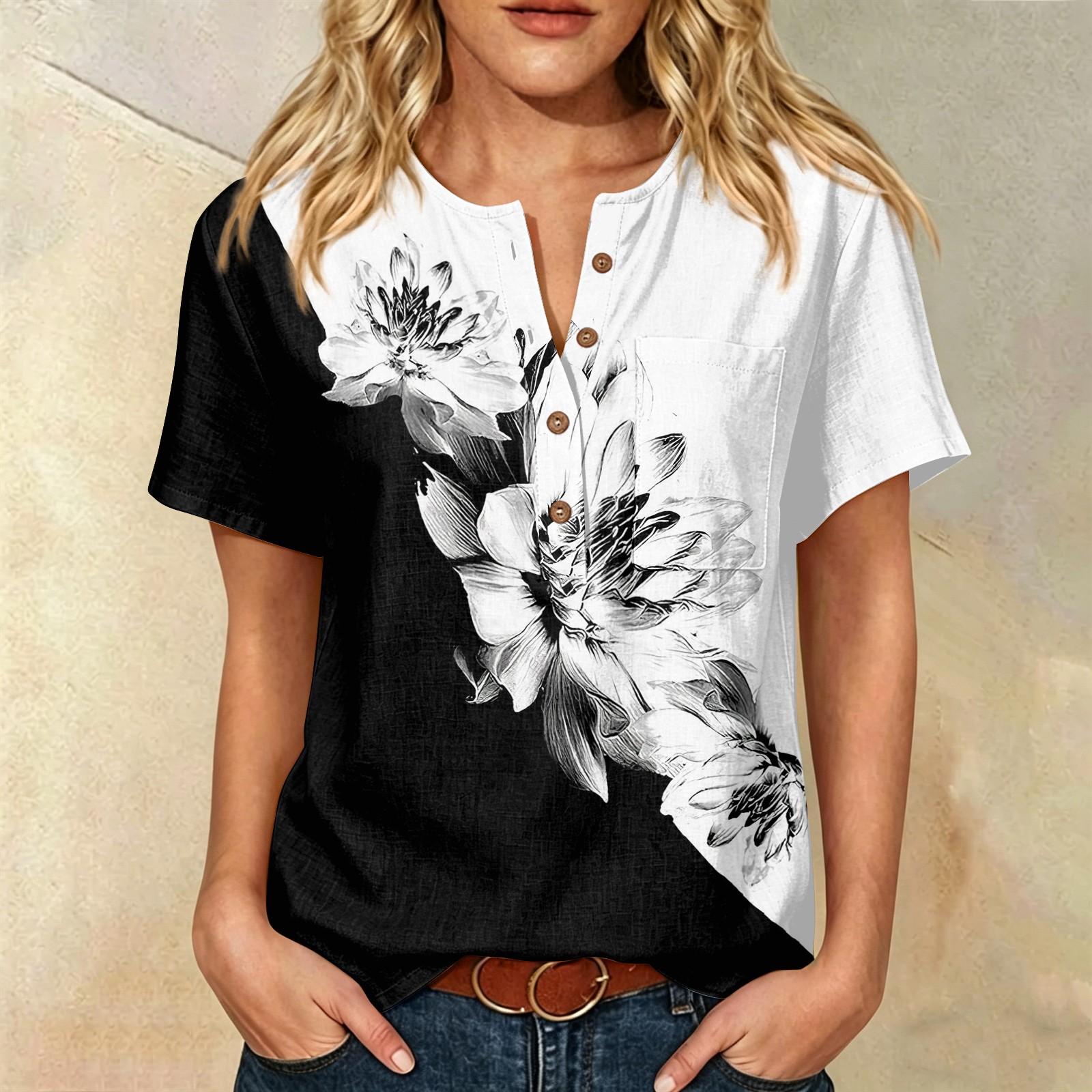 

Women’s Casual Printed Henley Button Neck Short Sleeve Cotton Linen Shirt with Chest Pocket and Relaxed Fit for Everyday Wear XL белый