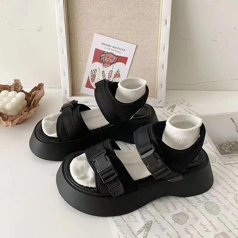 Black sports sandals women's summer new thick-soled heightening Roman shoes versatile Harajuku sweet and cool student ins tide