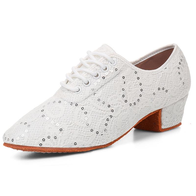 

Модные женские латинские туфли, современные туфли из кружева с пайетками, черно-белые джазовые туфли для помещений на меховой подошве 34
