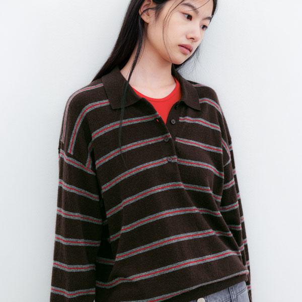 ATELIER NAIN (T-7304)Wool Stripe Collar Loose Fit Knit