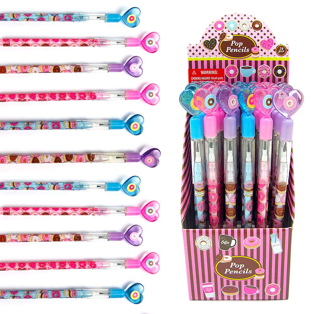 Tiny Mills Donut Stackable Push Pencil Set with Perfect for Donut Classroom Day and Exchanges Pencils per 24-Piece Multi-Point Erasers, Parties,