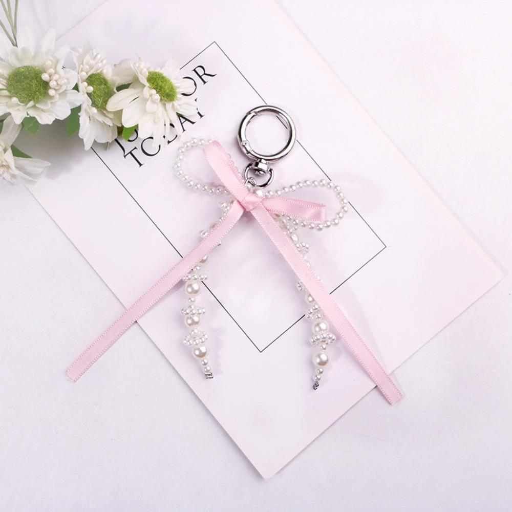 Sweet Bowknot Keychain Pearl Beads Bag Charm Fashion Ribbon Key Chain