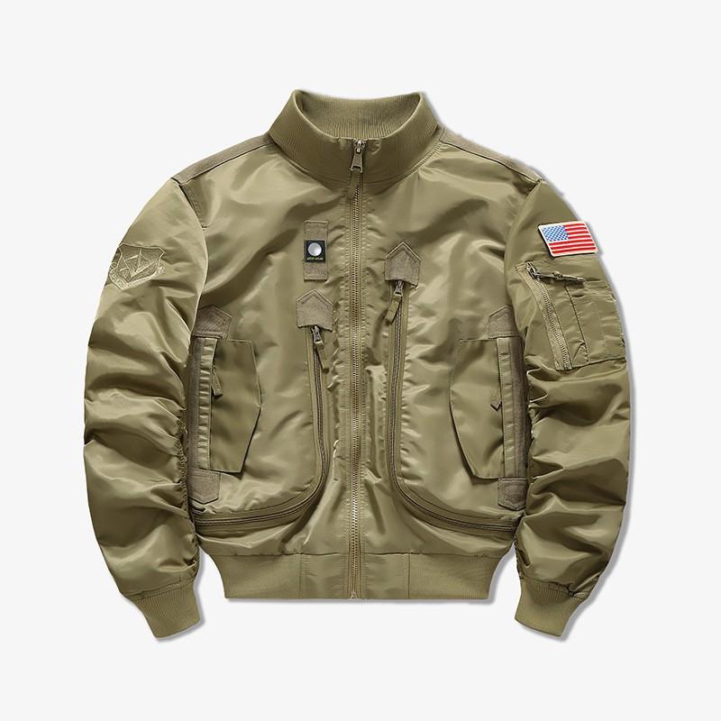 Mens Lightweight Casual Bomber Jacket With Multiple Pockets Stand Collar Windproof Nylon Outerwear Fall