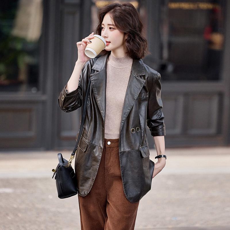 Women s 2026 New Spring/Autumn Lambskin Mid-Length Loose Leather Jacket Medium серый
