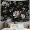 1 Piece Vintage Black Floral Tapestry - Country Roses and Peonies Watercolor Design, Bohemian Living Room Wall Art