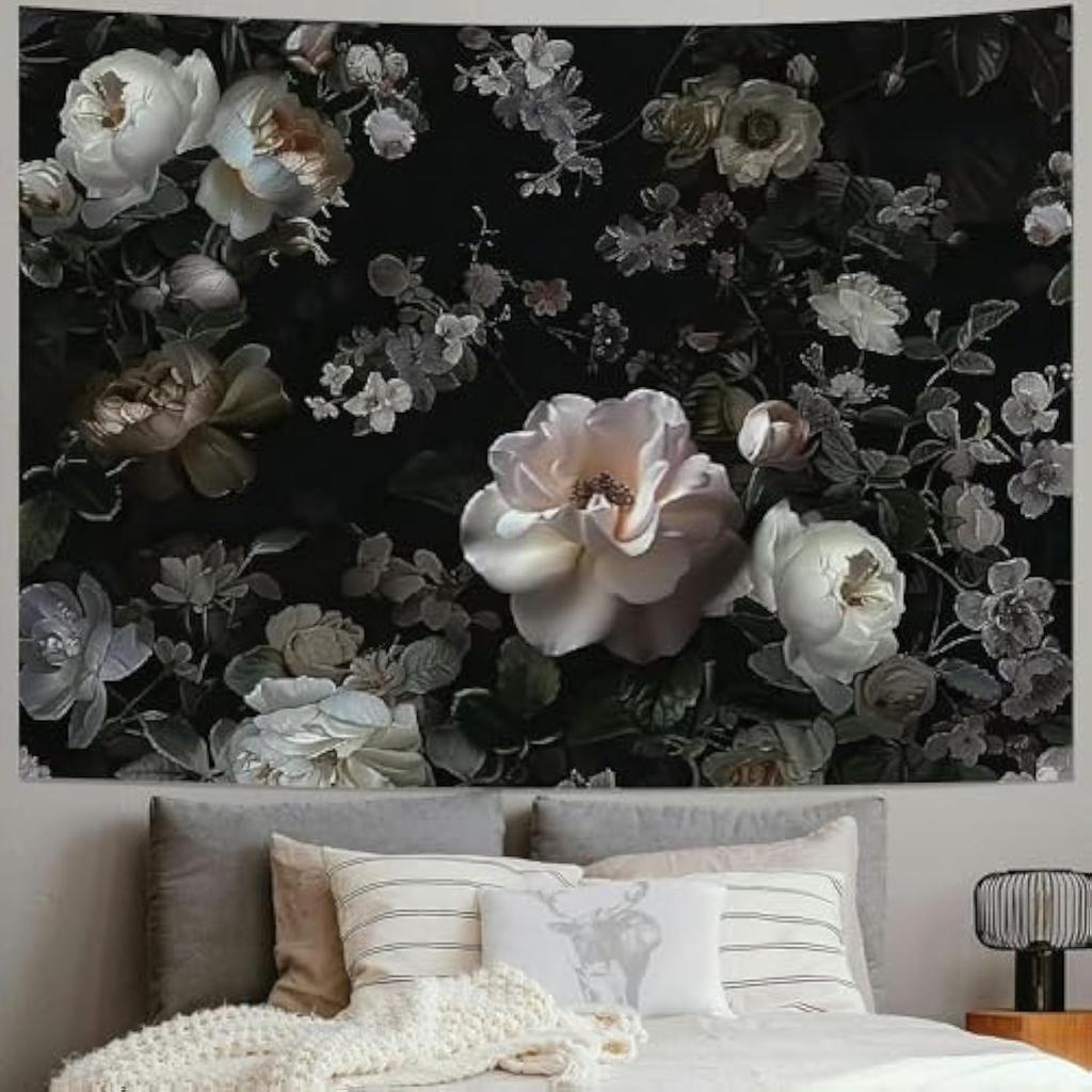 1 Piece Vintage Black Floral Tapestry - Country Roses and Peonies Watercolor Design, Bohemian Living Room Wall Art
