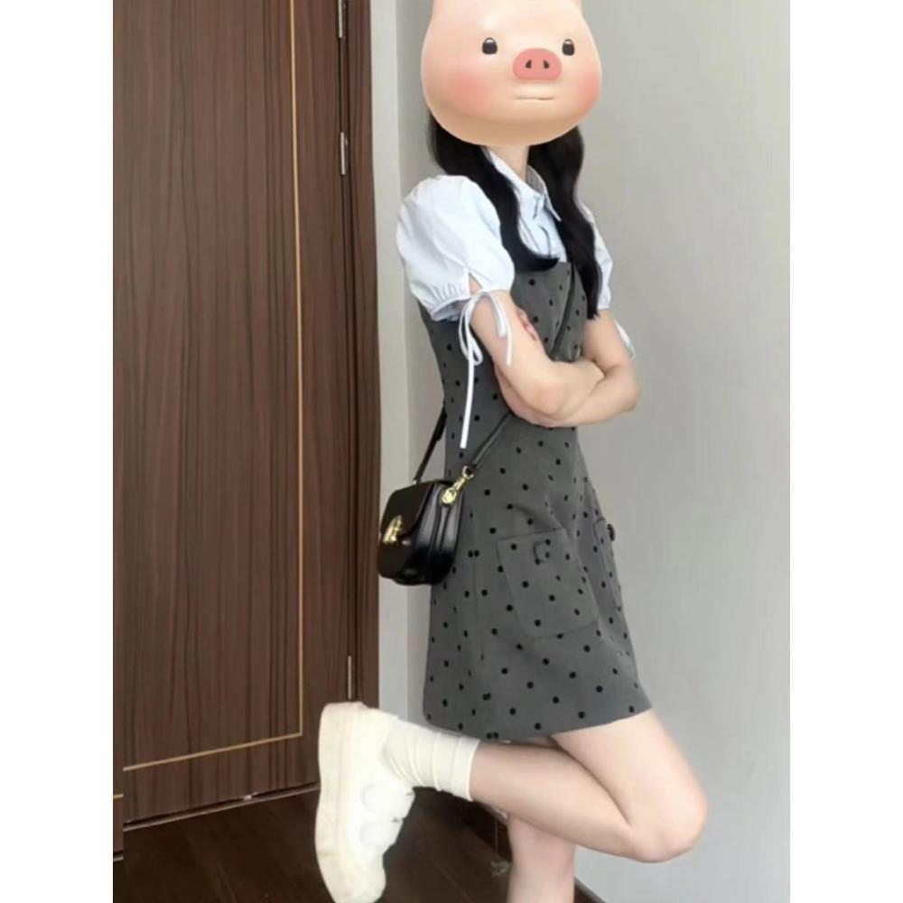 School French suit polka dot suspender dress small dress women's new summer short sleeve strap shirt