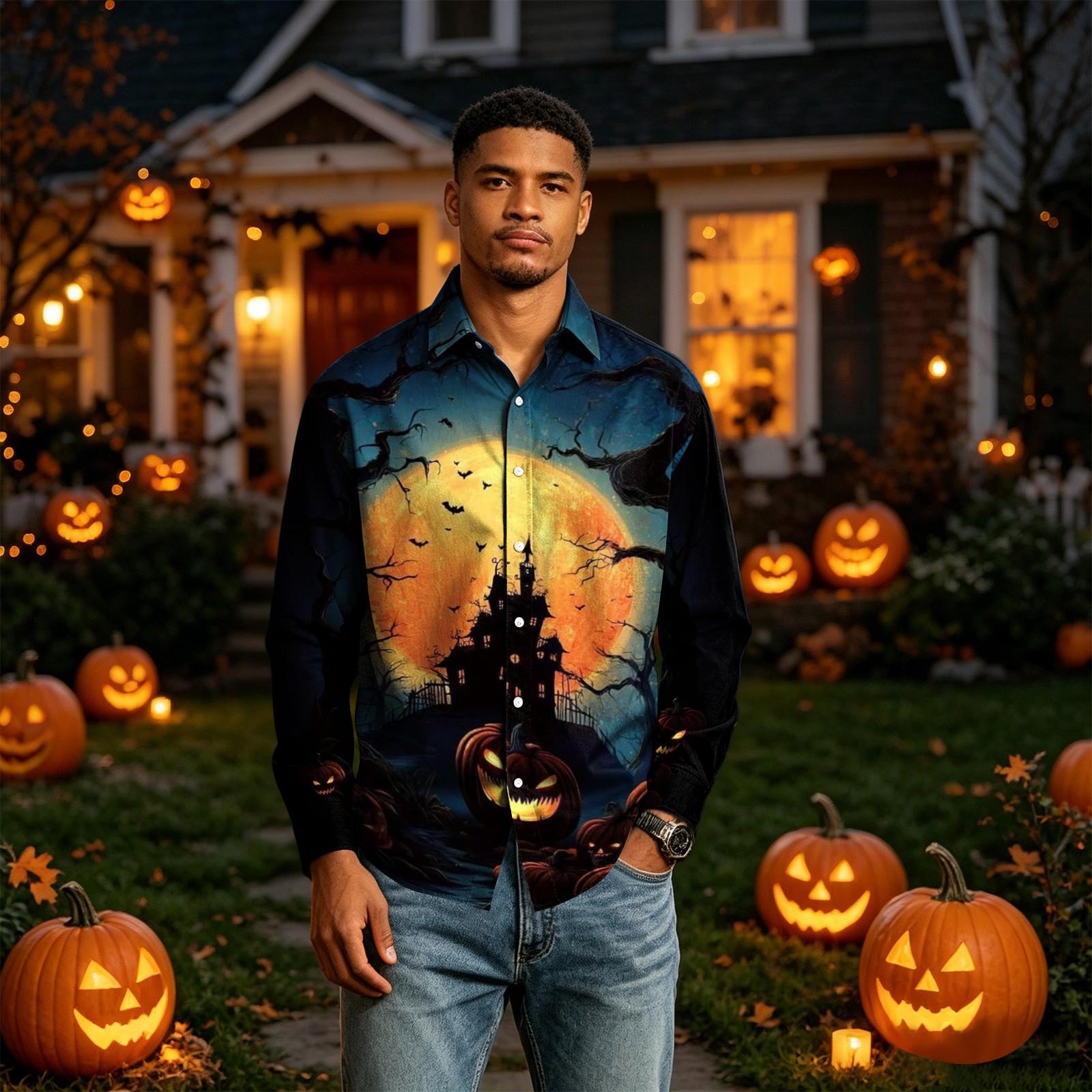 Men s Long Sleeve Button Down Halloween Print Shirt XXXL