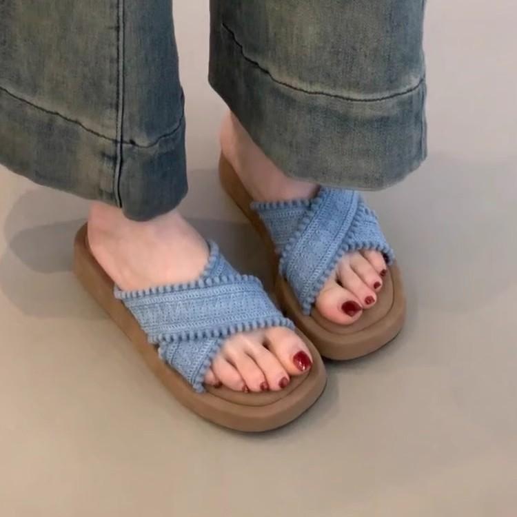 Keep Version~ Retro Vacation Style Woven Cross-strap Thick-bottomed Cool Slippers Women's Gentle Outer Bohemian Slippers