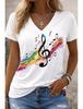 T-shirt Femme Mode d'Été Confortable Note de Musique Imprimé 3D Col en V Manches Courtes Coupe Ample Surdimensionnée Doux Légèrement Élastique Respirant