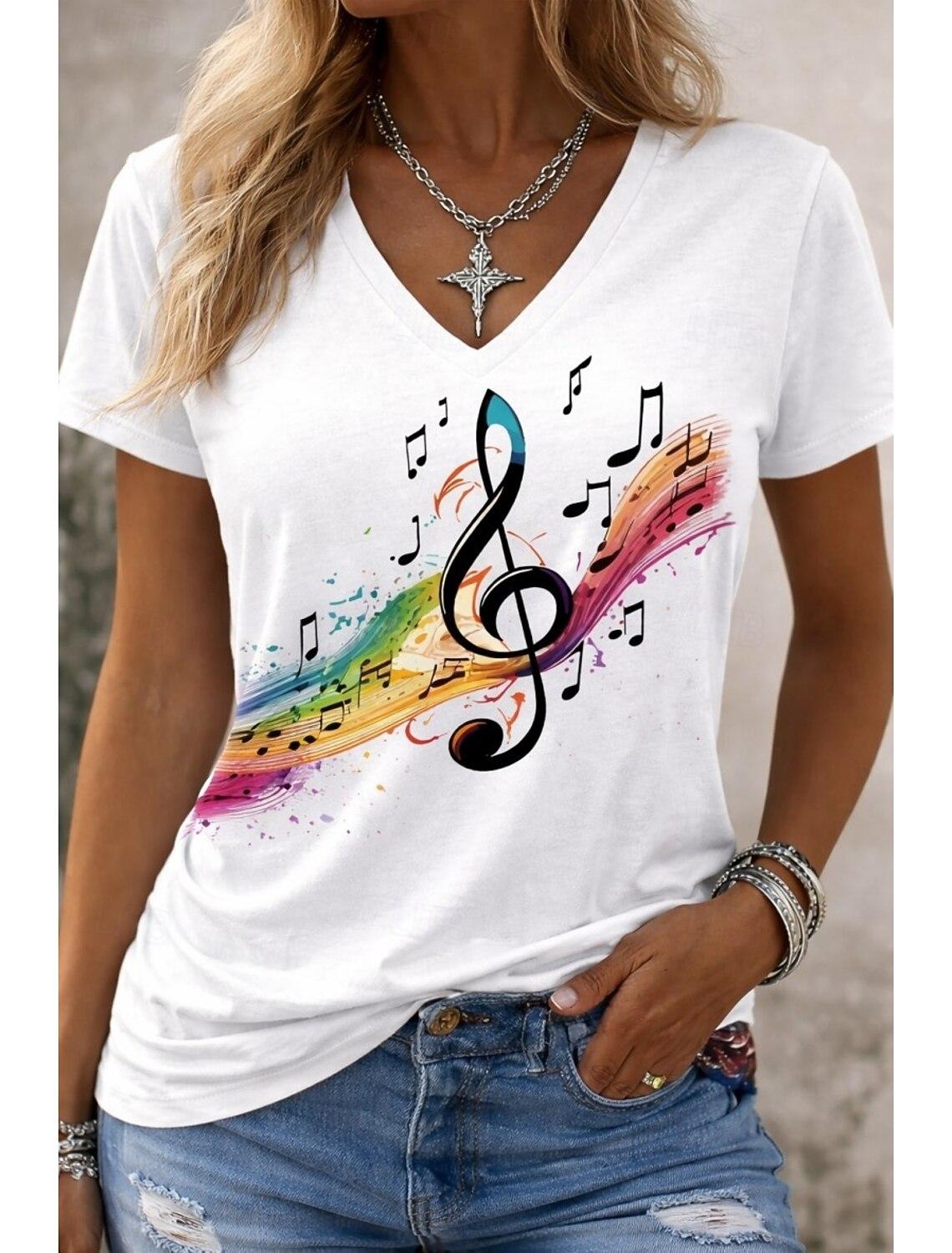 Sommer Modisch Bequem Damen Musiknote 3D Gedruckt V-Ausschnitt Kurzärmelig Locker Oversized Weich Leicht Elastisch Atmungsaktiv T-Shirt L white