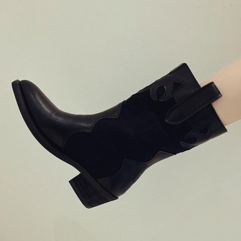 Nové westernové kovbojské boty pro ženy Dámské boty se špičatou špičkou Embossované semišové boty Dámské boty s robustním podpatkem do poloviny lýtek