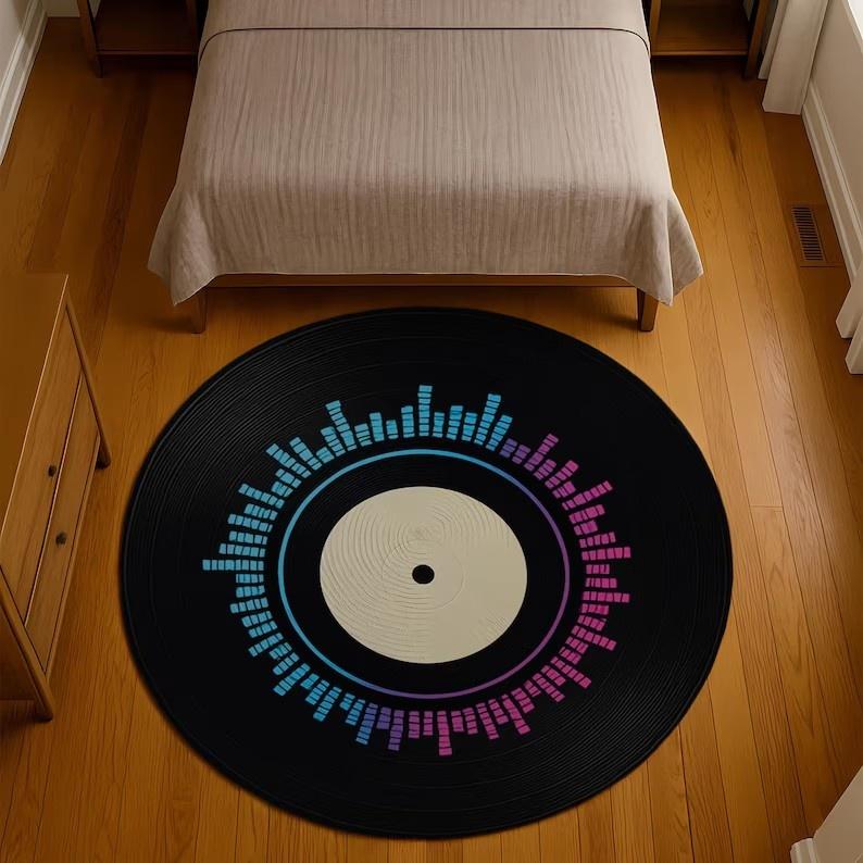 Colorful Record Circular Carpet Retro Music Carpet Shiny CD Film Floor Mat 90s Nostalgic Style Fashionable Interior Design Rug