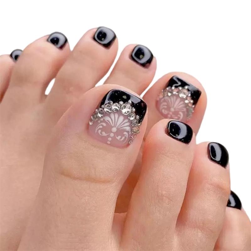 

24Pieces Black Flower Design Glossy Square Press On Nail Sparkling Stone Artificial Nail For Women Party Decors 1