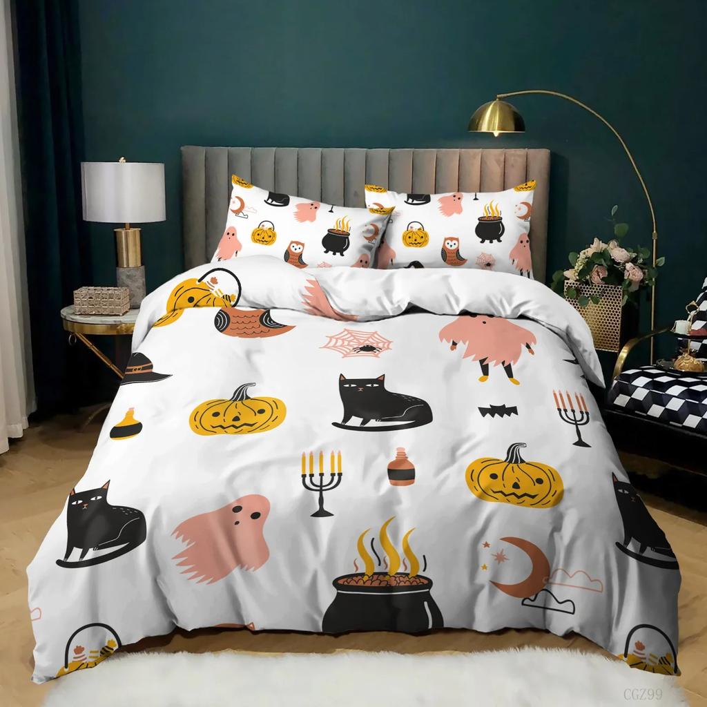 Halloween Bedding Set Gothic Spooky Duvet Cover Pumpkin Lantern Comforter Cover for Kids Boys Bat Spider Web Comforter Cover