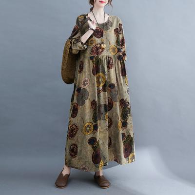 Γυναικείο vintage φαρδύ φόρεμα με μακρυμάνικο τύπωμα τσέπες στο πλάι casual γιορτινό φόρεμα