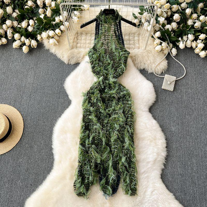 

Fashion Elegant Women s Clothing Sexy See-through Slim-Fit Tassel Dress 2024 Summer New Arrival Sleeveless Halter Sexy Skirt Green L