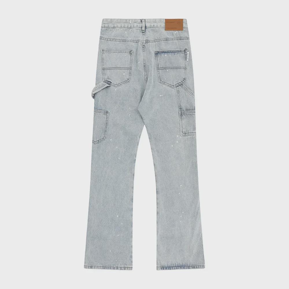 Trendy Herrenhose aus gewaschenem Denim mit geradem Bein und Kontrastnähten im Punk-Stil mit Tintenspritzern und Katzenschnurrhaar-Details