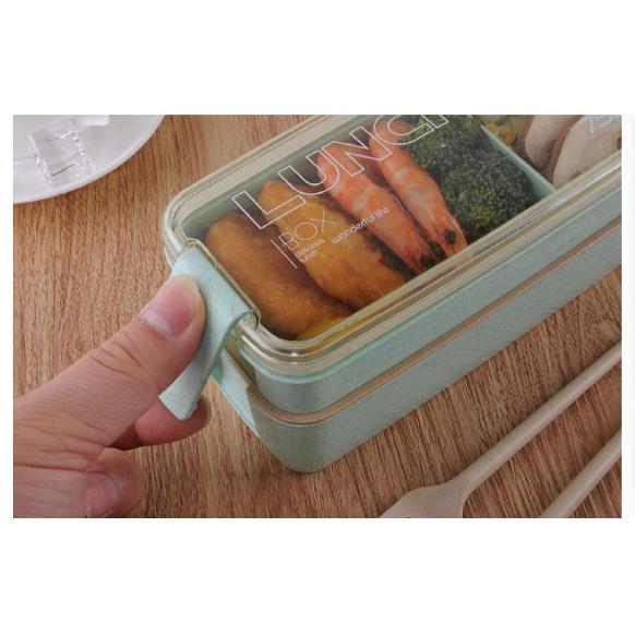Quadratische doppelstöckige Lunchbox aus Weizenstrohfaser-Kunststoff