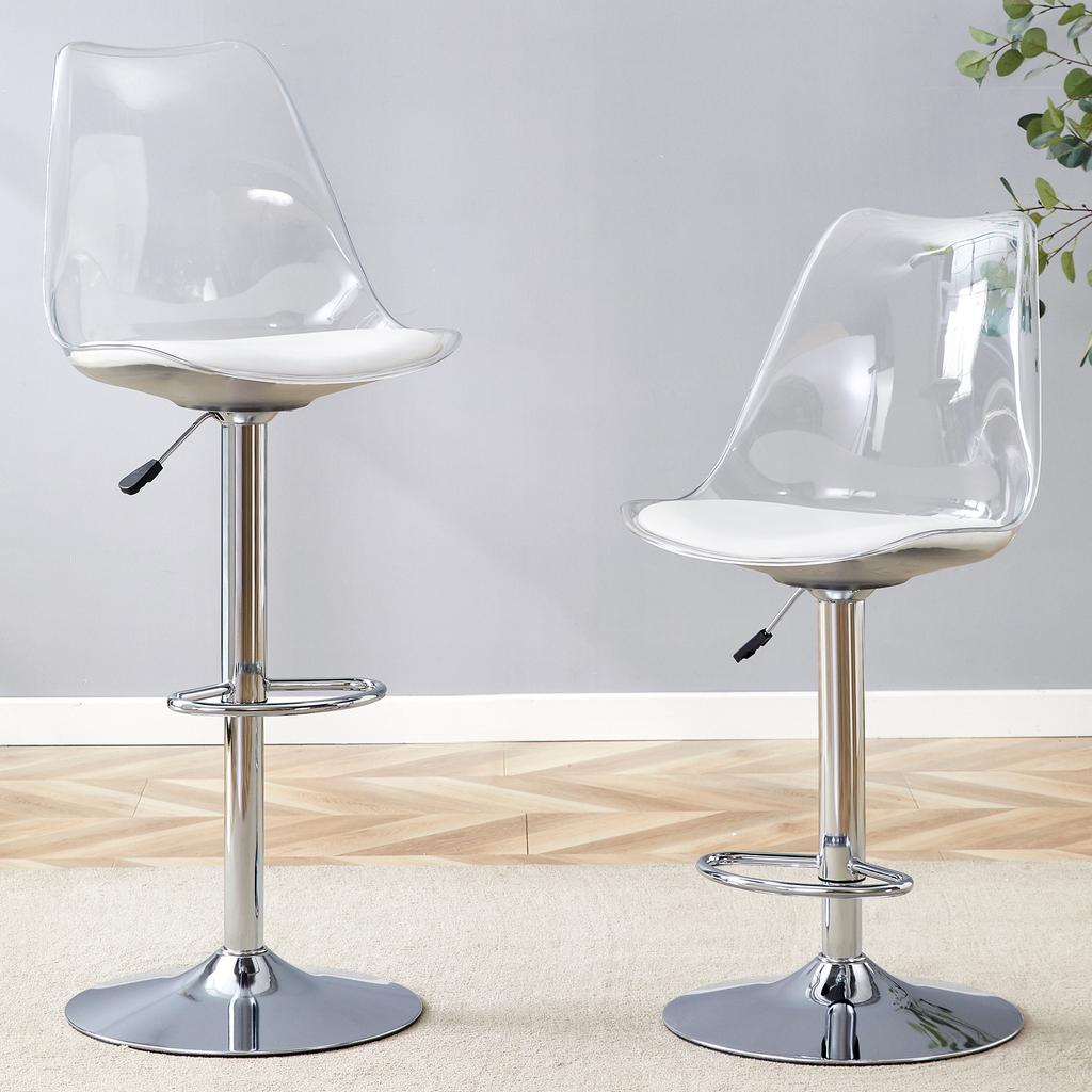 Modernes, verstellbares Barhocker-Set, 2 Stück, Rückenlehnen aus transparentem Kunststoff, Sitzfläche aus PU-Leder, Metallbeine, höhenverstellbar, 360 Grad drehbar