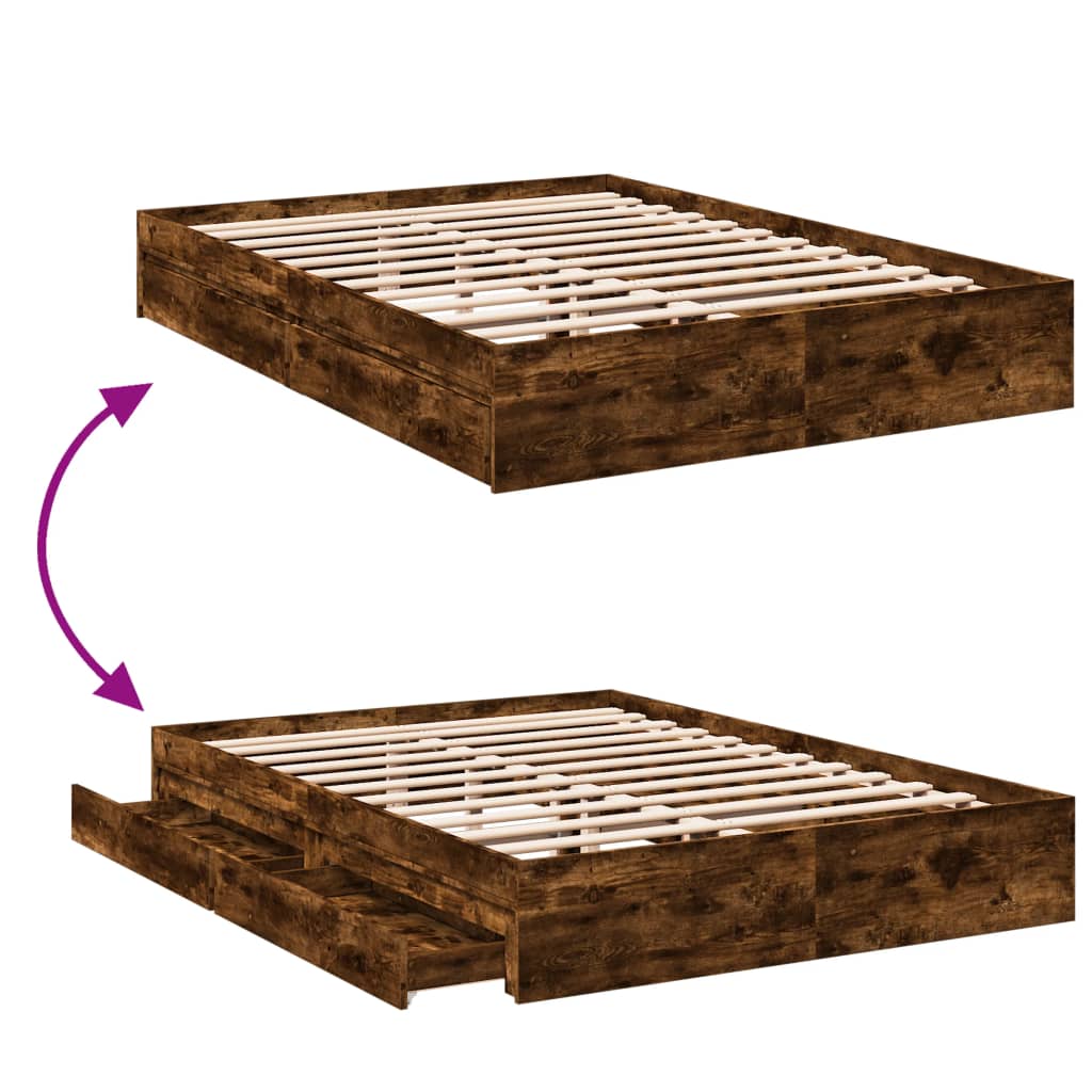 Bed Frame with Drawers Smoked Oak 160x200cm Engineered Wood