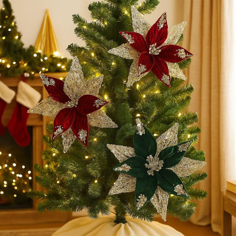 29cm Christmas Poinsettia Velvet Xmas Tree Ornaments Artificial Christmas Flower  Christmas Tree
