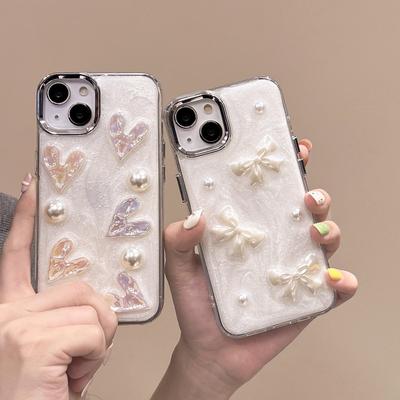 Pearl Bow Knot Love Heart Phone Case For Iphone 15 14 13 12 Pro Max 11 Cute Soft Silicone Tpu Slim Cover